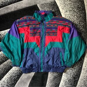 Vtg 80s 90s Active Stuff Blue Green Purple Nylon Fleece Full Zip Windbreaker